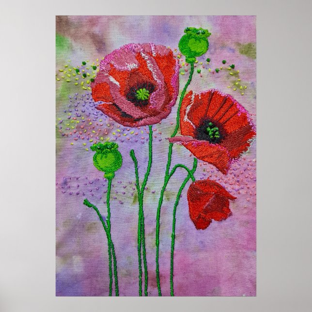 Rote Mohnblumen Textilkunst Druck | Farbenfroh  Poster (Vorne)