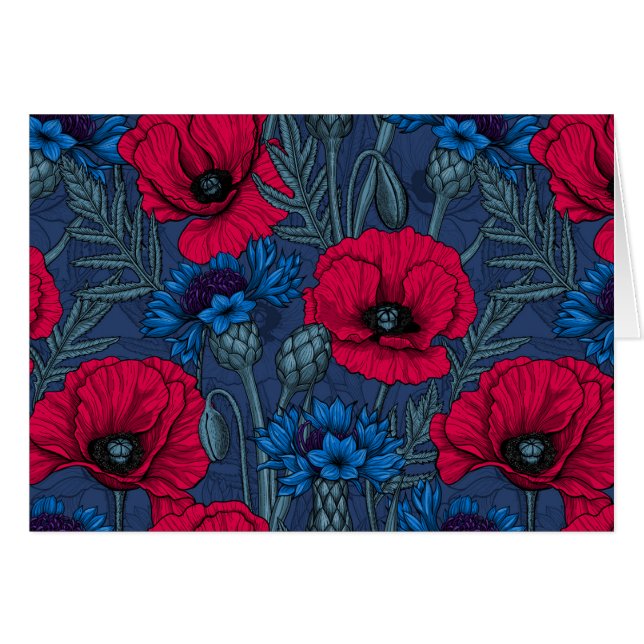 Rote Mohnblumen und blaue Maisblumen auf blau (Vorderseite (Horizontal))