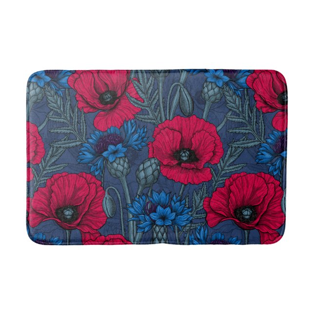 Rote Mohnblumen und blaue Maisblumen auf blau Badematte (Vorderseite)
