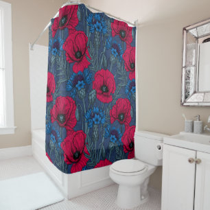 Rote Mohnblumen und blaue Maisblumen auf blau Duschvorhang