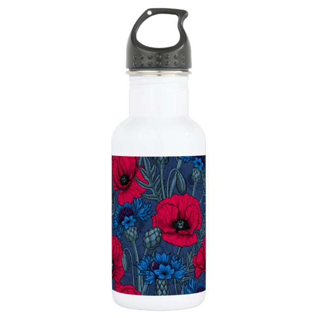 Rote Mohnblumen und blaue Maisblumen auf blau Edelstahlflasche (Vorderseite)