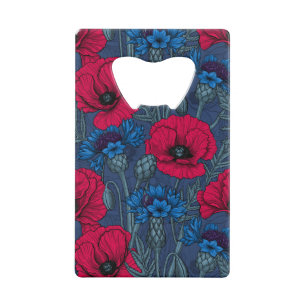 Rote Mohnblumen und blaue Maisblumen auf blau Geldbeutel Flaschenöffner