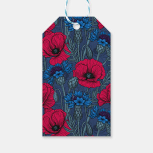 Rote Mohnblumen und blaue Maisblumen auf blau Geschenkanhänger