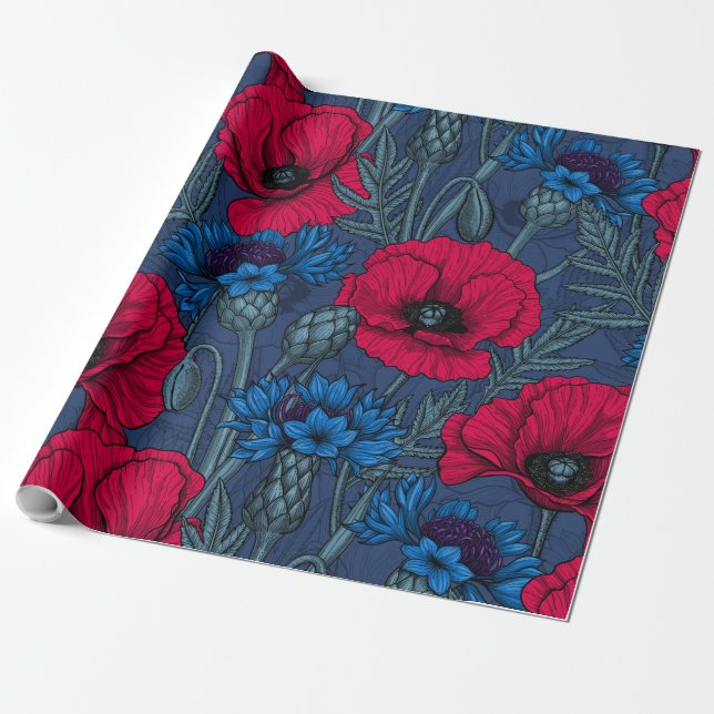 Rote Mohnblumen und blaue Maisblumen auf blau Geschenkpapier (Ungerollt)