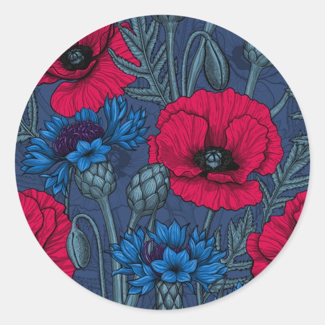 Rote Mohnblumen und blaue Maisblumen auf blau Runder Aufkleber (Vorderseite)