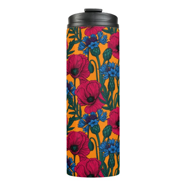 Rote Mohnblumen und blaue Maisblumen Thermosbecher (Vorderseite)