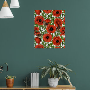 Rote Mohnblumen und Zaunkönige, grüne Blätter auf Poster