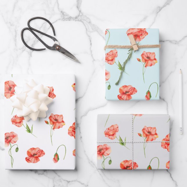 Rote Mohnblüte Blume Geschenkpapier Set (Vorderseite)