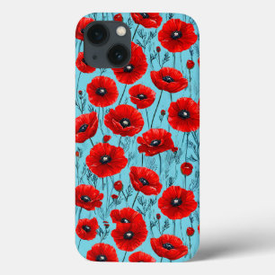 Rote Mohnblüten auf blauem Hintergrund Case-Mate iPhone Hülle