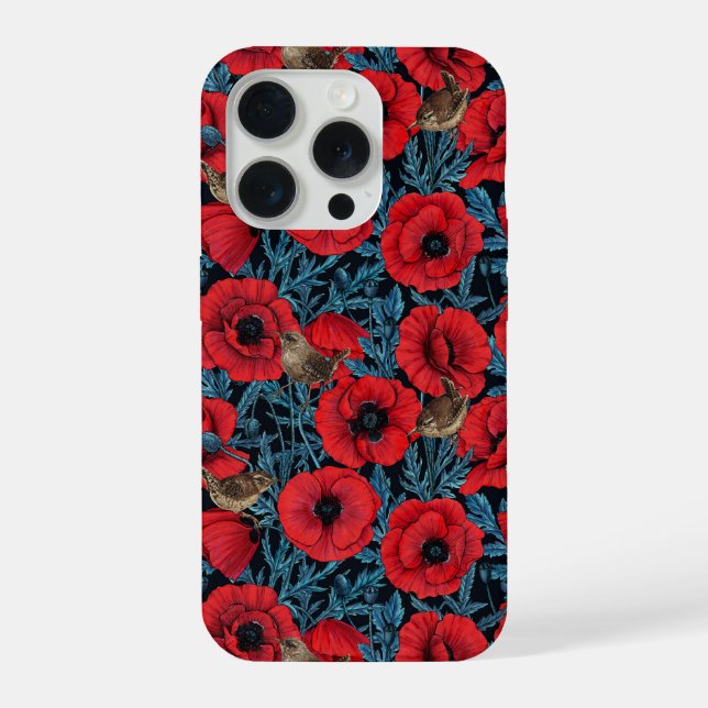 Rote Mohnblüten, blaue Blätter auf schwarz iPhone 15 Pro Hülle (Rückseite)