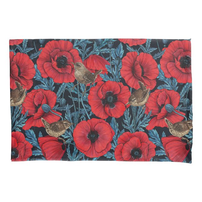 Rote Mohnblüten, blaue Blätter auf schwarz Kissenbezug (Vorderseite-Links)