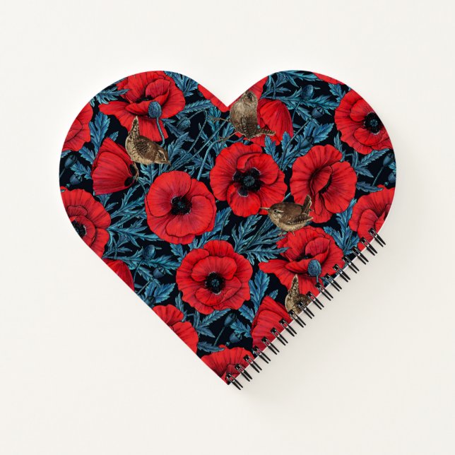 Rote Mohnblüten, blaue Blätter auf schwarz Notizbuch (Rückseite)