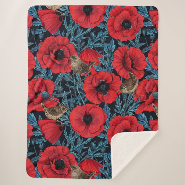 Rote Mohnblüten, blaue Blätter auf schwarz Sherpadecke (Vorderseite)