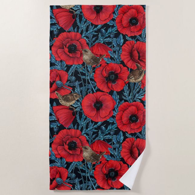 Rote Mohnblüten, blaue Blätter auf schwarz Strandtuch (Vorderseite)