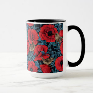 Rote Mohnblüten, blaue Blätter auf schwarz Tasse