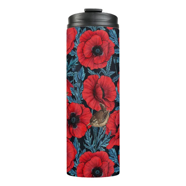Rote Mohnblüten, blaue Blätter auf schwarz Thermosbecher (Vorderseite)
