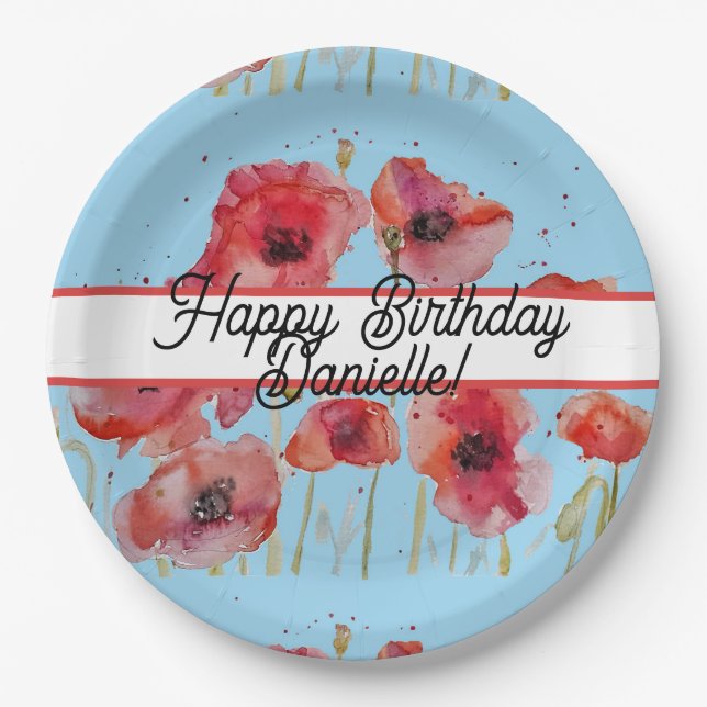 Rote Mohnblüten Blumenbeete Wasserfarbe Geburtstag Pappteller (Vorderseite)