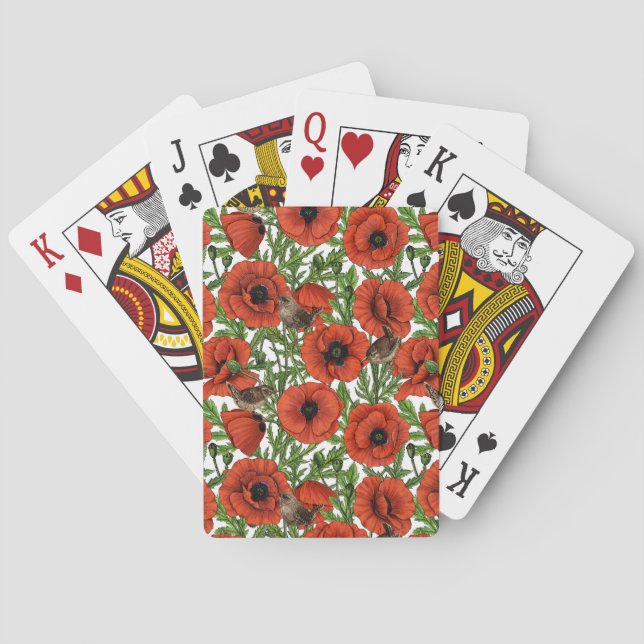 Rote Mohnblüten und Garne, grüne Blätter auf Weiß Spielkarten (Rückseite)