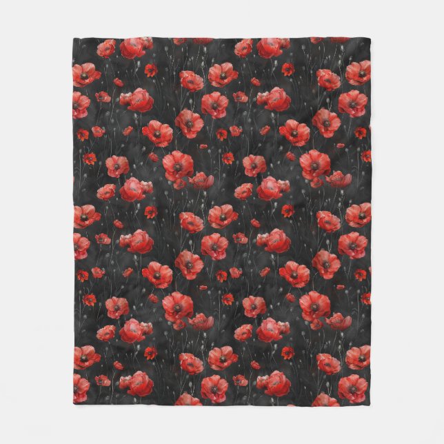 Rote Mohnchen auf schwarz Fleecedecke (Vorderseite)