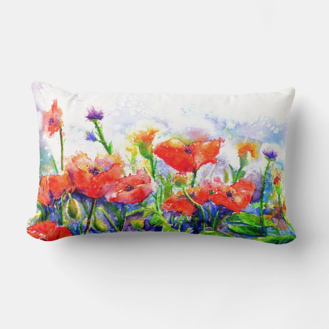 Rote Mohnfelder - Blumenbemalung in Aquarellen Lendenkissen (Vorderseite)