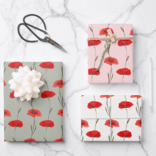 Rote Mohnstreifen mit Pastellgrün und Rosa Geschenkpapier Set