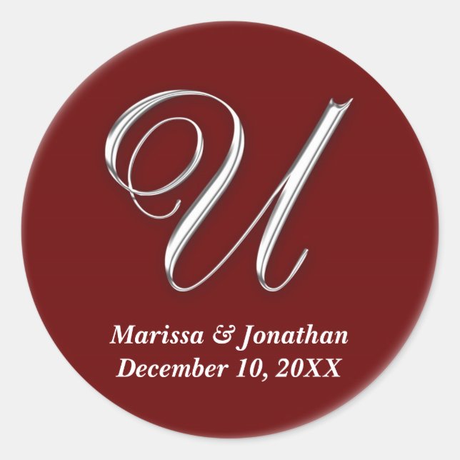 Rote Monogramm-individuelle Name der ersten U-Wein Runder Aufkleber (Vorderseite)
