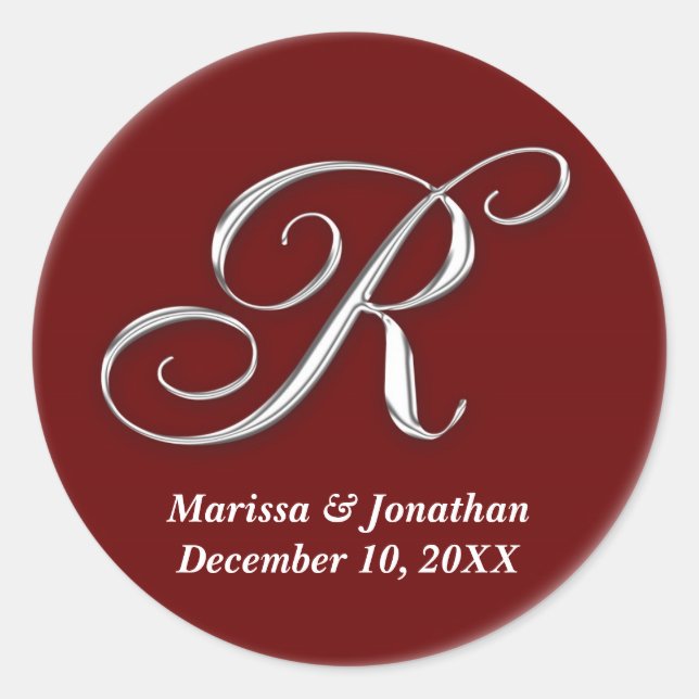 Rote Monogramm-individuelle Name des ersten R-Wein Runder Aufkleber (Vorderseite)
