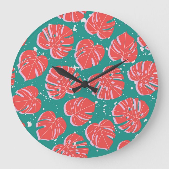 Rote Monstera: tropisches Muster Große Wanduhr (Vorderseite)
