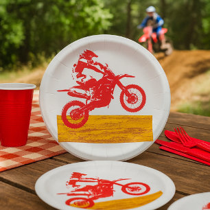 Rote Motocross-Dirt-Bike-Fahrer-Silhouette Pappteller
