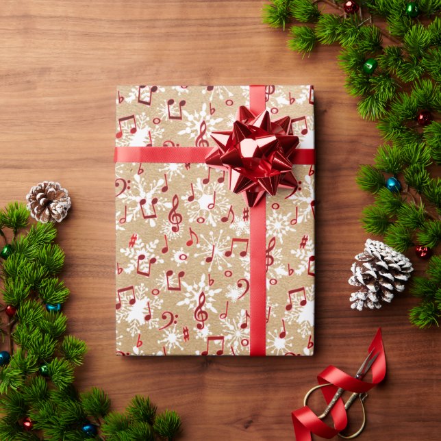 Rote Musik und Schnee auf Papiertüte sehen aus Geschenkpapier (Feiertagsgeschenk)