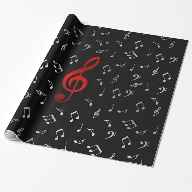 Rote Musiknoten und Silberschwarz Geschenkpapier (Ungerollt)