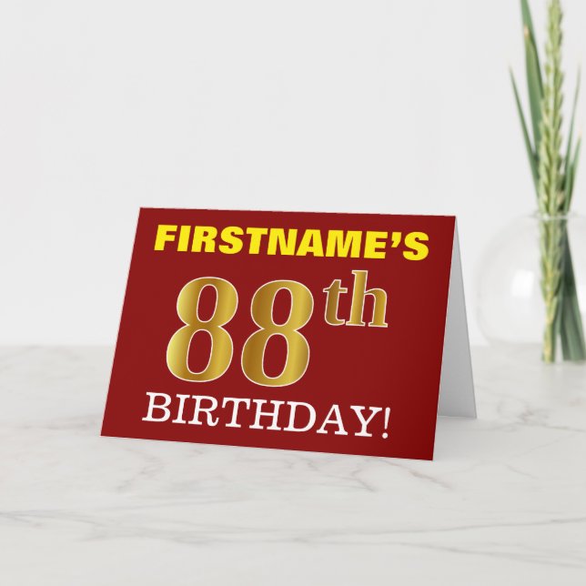 Rote, nachgemachte Gold"88. GEBURTSTAG" Karte (Vorderseite)