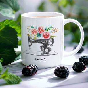 Rote Nähmaschine mit Blumenmuster kreativ Kaffeetasse