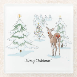 Rote Nase Deer im Snowy Wood Holiday Glasuntersetzer