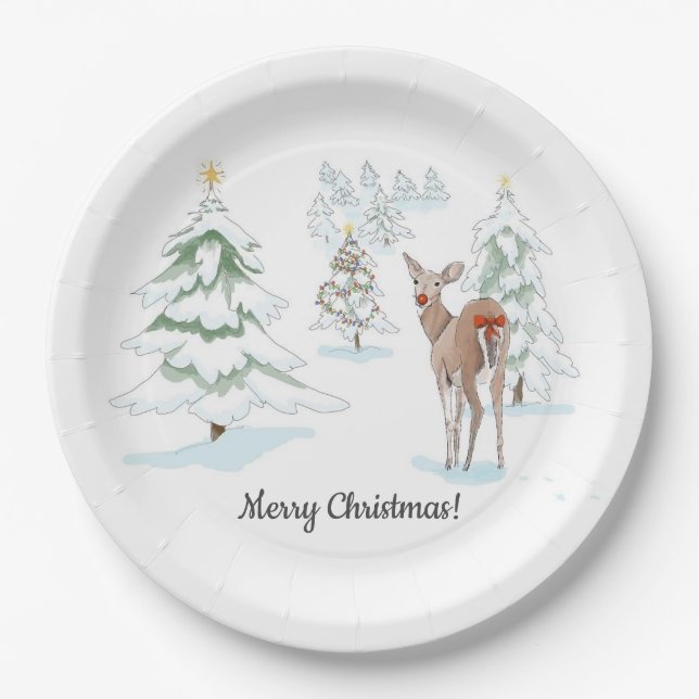 Rote Nase Deer im Snowy Wood Holiday Pappteller (Vorderseite)