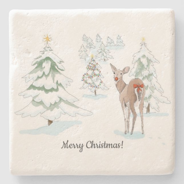 Rote Nase Deer im Snowy Wood Holiday Steinuntersetzer (Vorderseite)