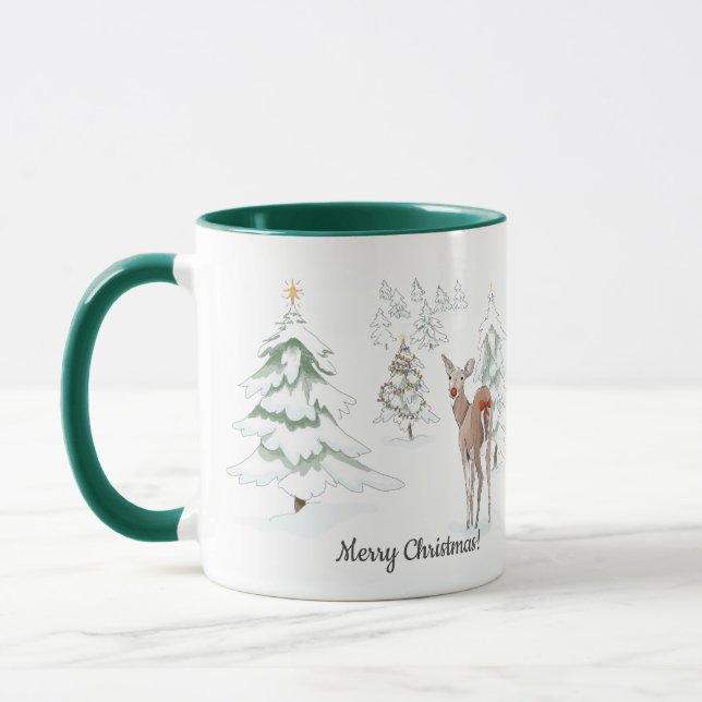 Rote Nase Deer im Snowy Wood Holiday Tasse (Links)
