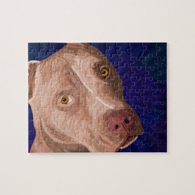 Rote Nasen-Pitbull mit einem blauen Hintergrund (Horizontal)