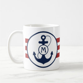Rote nautische Streifen mit Anker und Monogramm Kaffeetasse