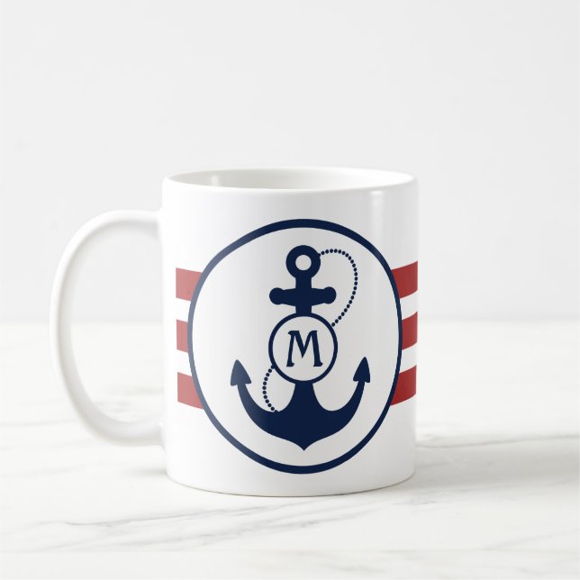 Rote nautische Streifen mit Anker und Monogramm Kaffeetasse (Links)