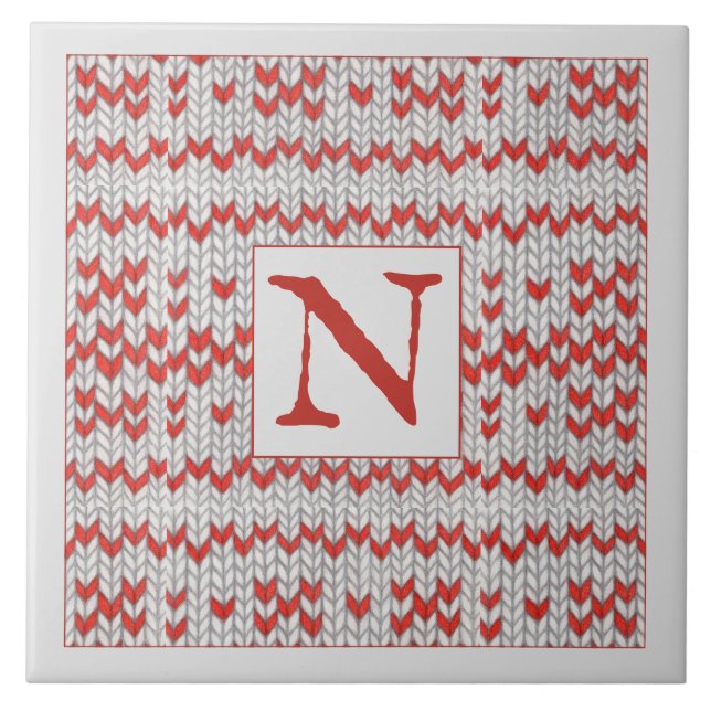 ROTE NORDISCHE STRICKWARE Keramikfliese + Initiale (Vorderseite)