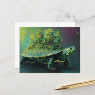Rote Ohrschildkröte mit Baumbestand auf Muschel Postkarte