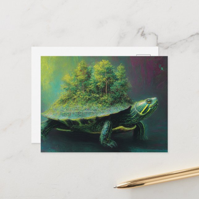 Rote Ohrschildkröte mit Baumbestand auf Muschel Postkarte (Vorderseite/Rückseite Beispiel)
