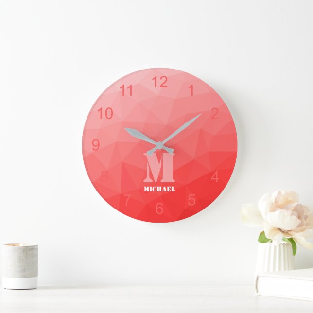Rote ombre Geometrie Mesh Muster Monogramm Große Wanduhr (Zuhause)