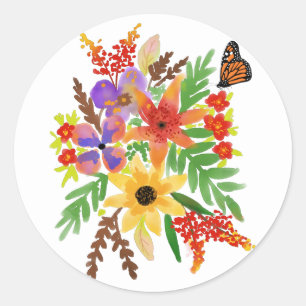 Rote Orange Gelbe Aquarellblumen Schmetterling Runder Aufkleber