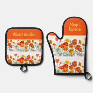 Rote Orange Gelbe Mohnblumen Klatschmohn Blumen Ofenhandschuh & Topflappen-Set