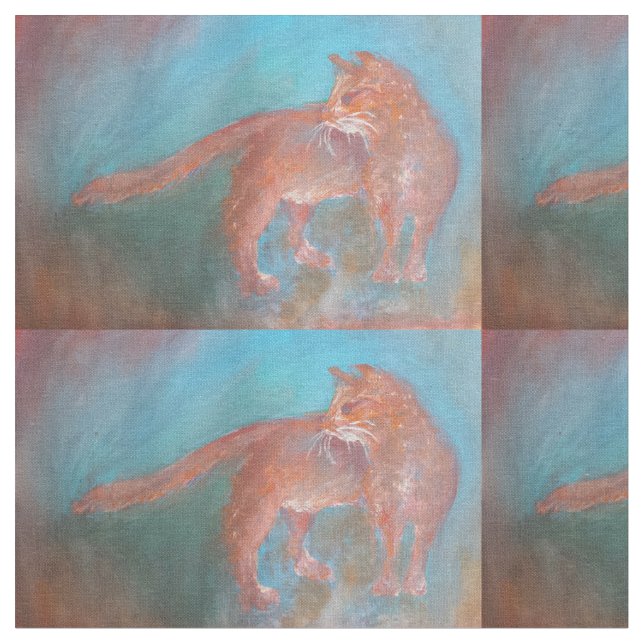 rote orange Katze auf blauem Gewebe Stoff (Nahaufnahme)