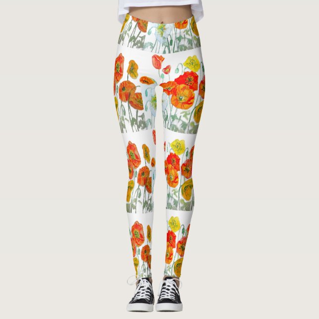 Rote Orange Mohnblume Aquarell Mohn Leggings (Vorderseite)