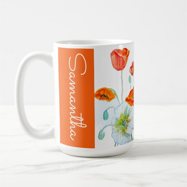 Rote Orange Mohnblumen Aquarell Frau Mohn  Kaffeetasse (Links)