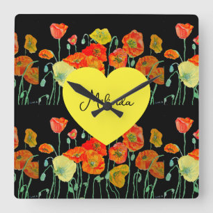 Rote Orange Mohnblumen Aquarell Frau Name Quadratische Wanduhr